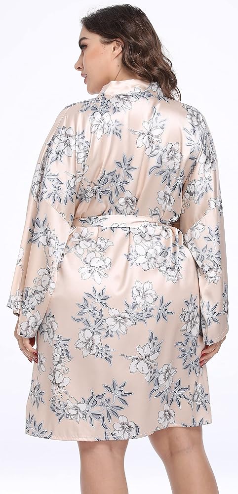Plus Size Floral Satin Kimono Robe, view 3