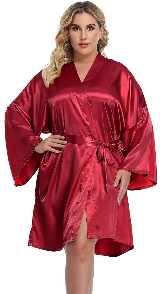 Plus Size Short Satin Robe for Bridal Parties, view 2